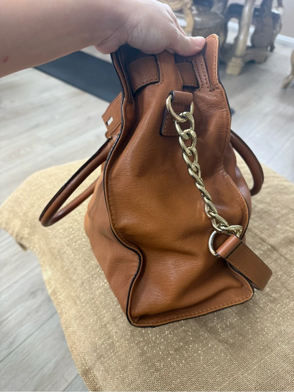 Michael Kors Hamilton Leather Satchel Luggage Brown Gold Chain Shoulder Bag